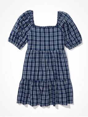 American Eagle Outfitters Navy Plaid Square-Neck Mini Dress